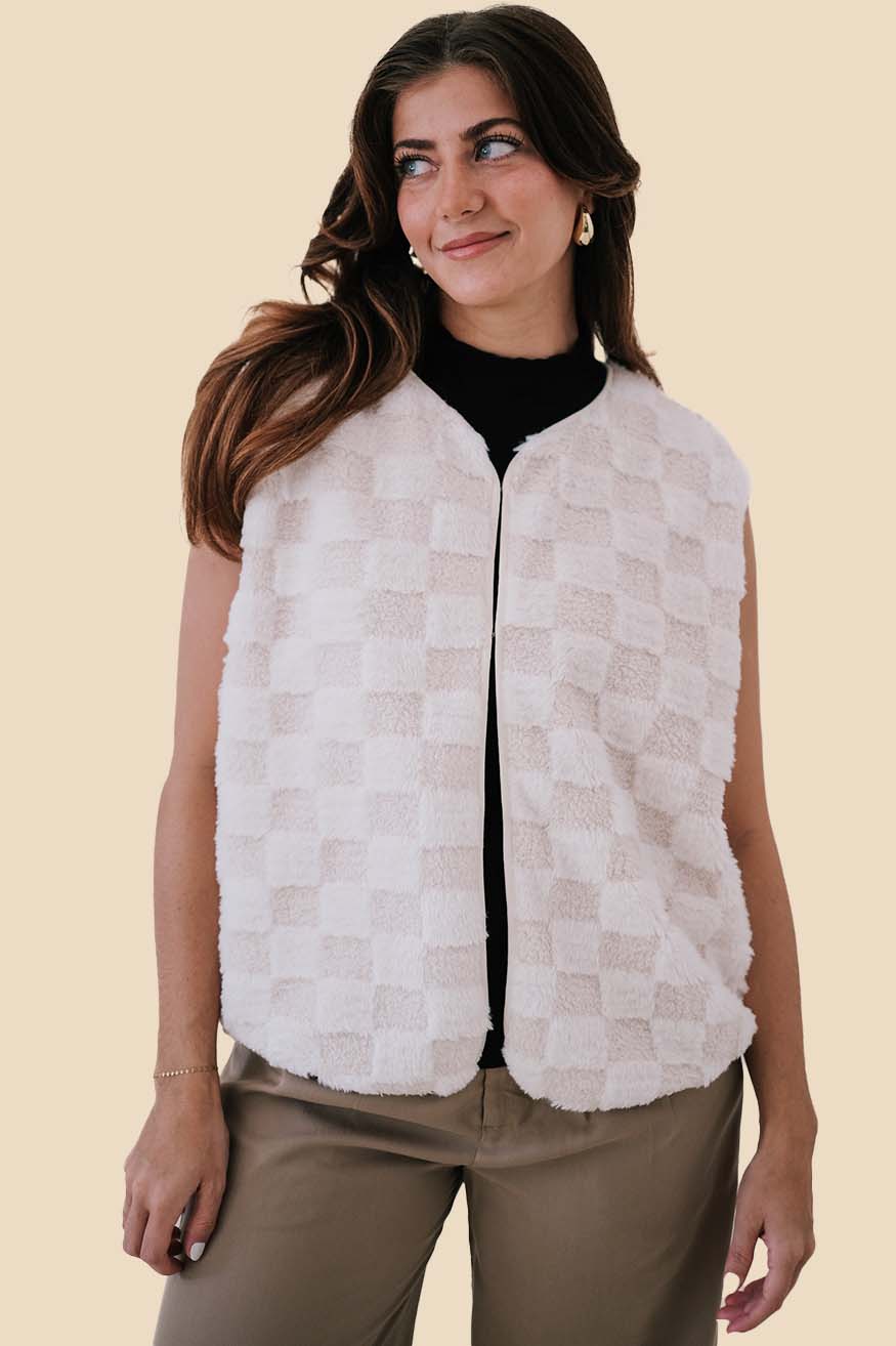 Things Between Lyla Ivory Fuzzy Checkered Vest