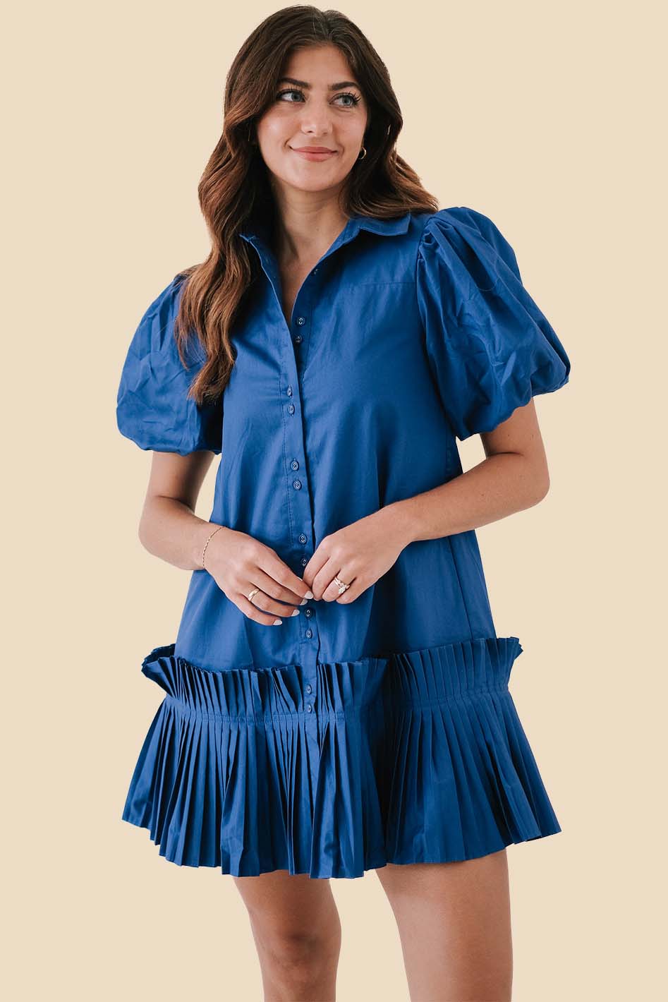 Aureum Blue Pleated Hem Buttoned Mini Dress