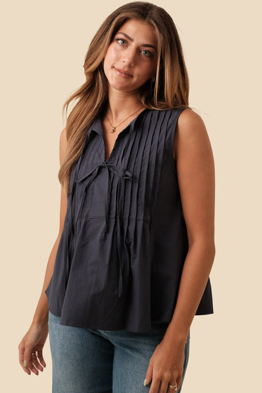 Charlotte Pintuck Poplin Cotton Sleeveless Top (Navy)