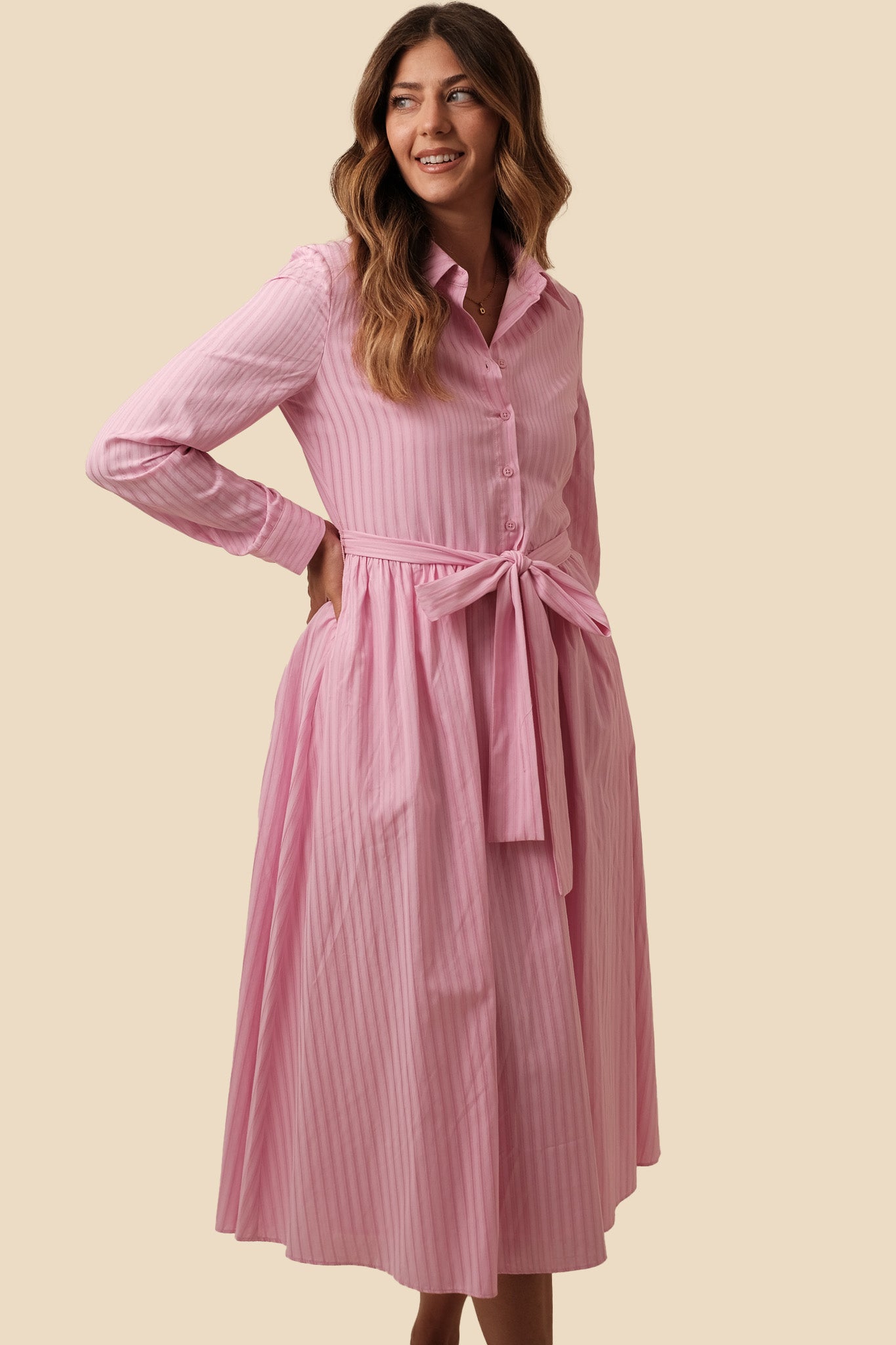 English Factory Pamela Pink Striped Tie Waist Midi Dress