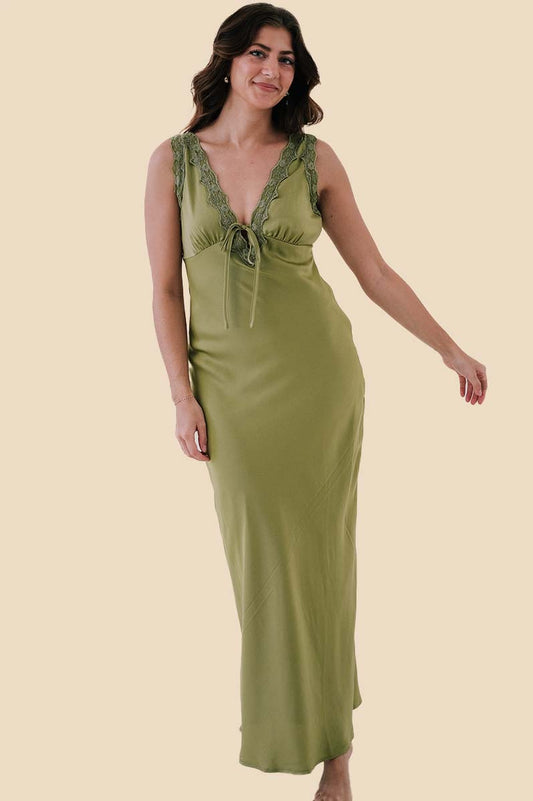 Kassie Satin Lace Trim Sleeveless Midi Dress (Green)