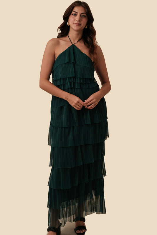 Bria Pleated Tulle Halter Maxi Dress (Green)