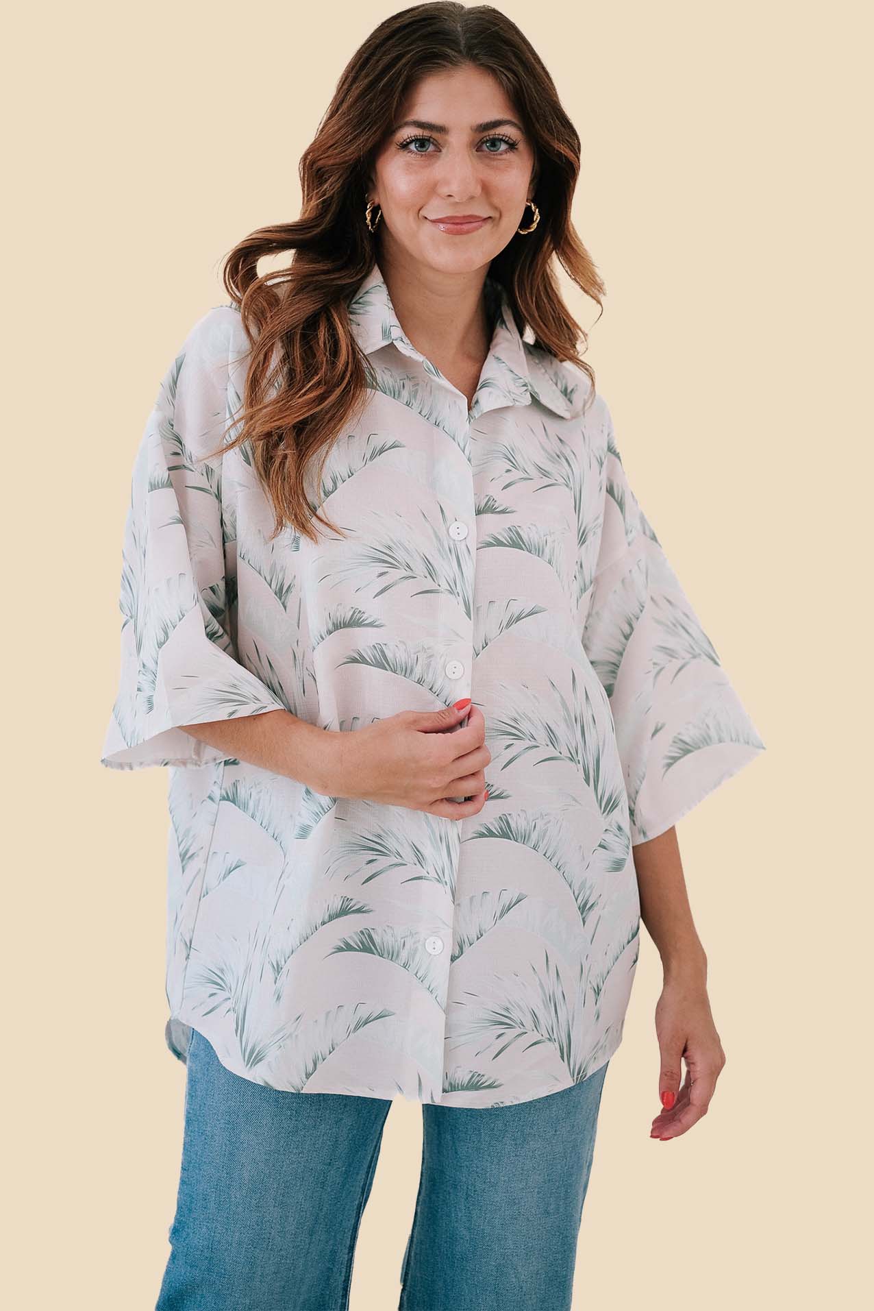 Britton Sage Palm Print Oversized Button Top