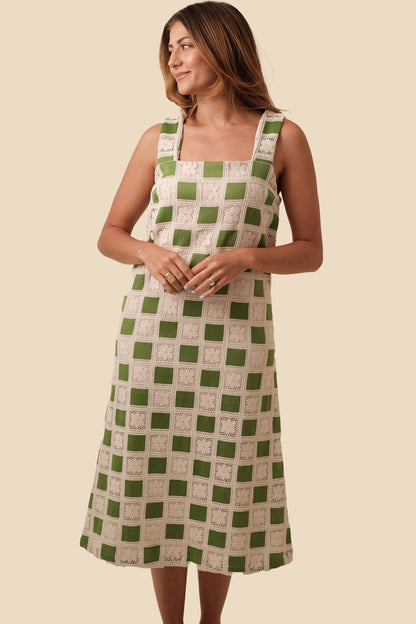 Aureum Mia Crochet Checkered Tank Midi Dress (Green)