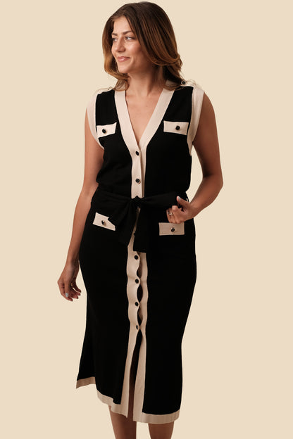 Molly Black Buttoned Knit Sleeveless Midi Dress