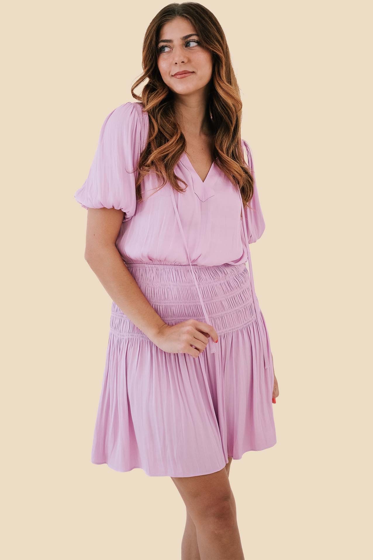 Current Air Beulah Short Sleeve Smocked Mini Dress (Lavender)