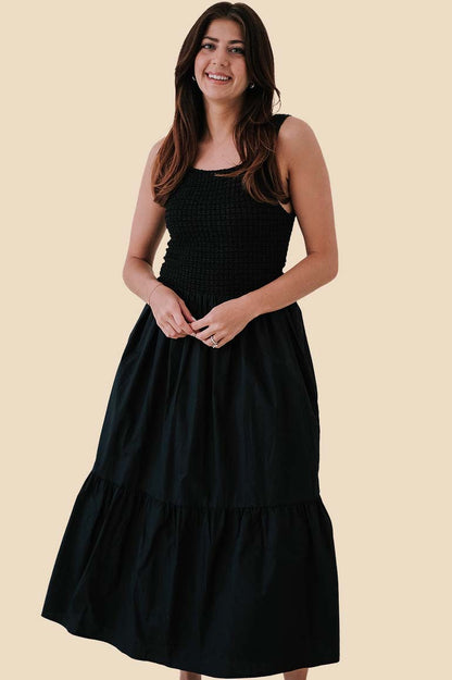 Aureum Paxton Black Smocked Bodice Midi Dress