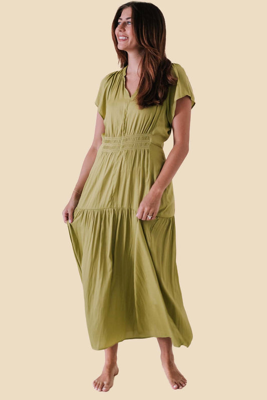 Emery Satin Shirred Tier Waist Midi Dress (Chartreuse)