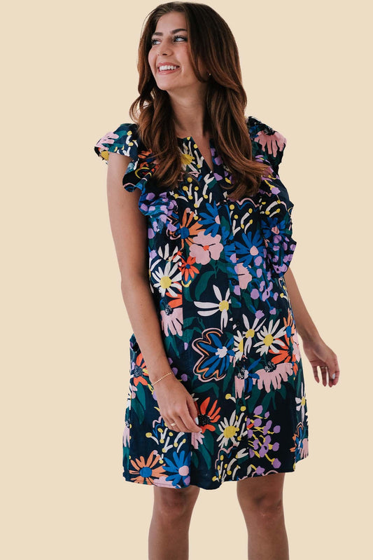 Faith Navy Floral Print Flutter Sleeve Mini Dress