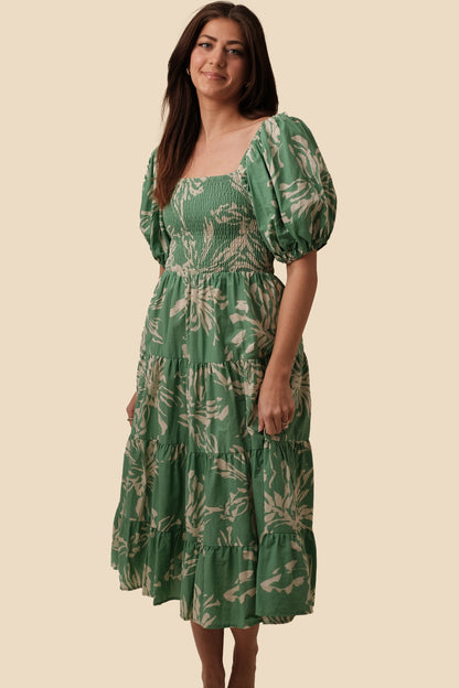 PINCH Gia Floral Outline Puff Sleeve Midi Dress (Green)