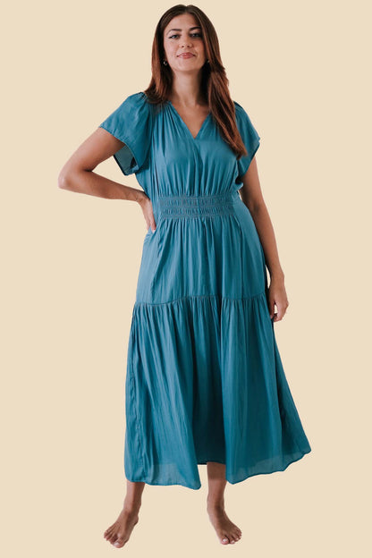 Emery Satin Shirred Tier Waist Midi Dress (Teal)