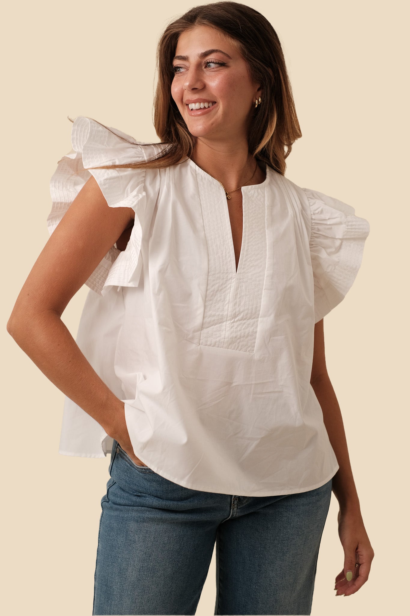 Addison Cotton Flutter Sleeve Poplin Top (White)