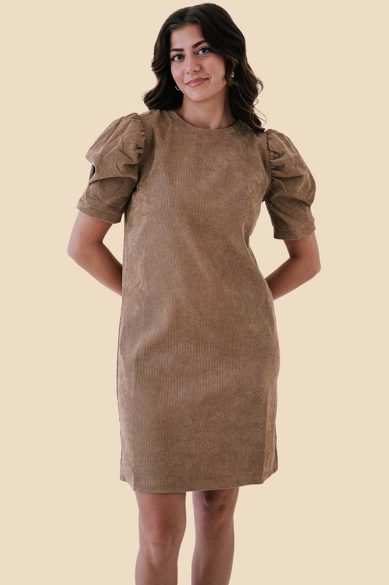 Molly Bracken Noel Corduroy Puff Sleeve Mini Dress (Brown)