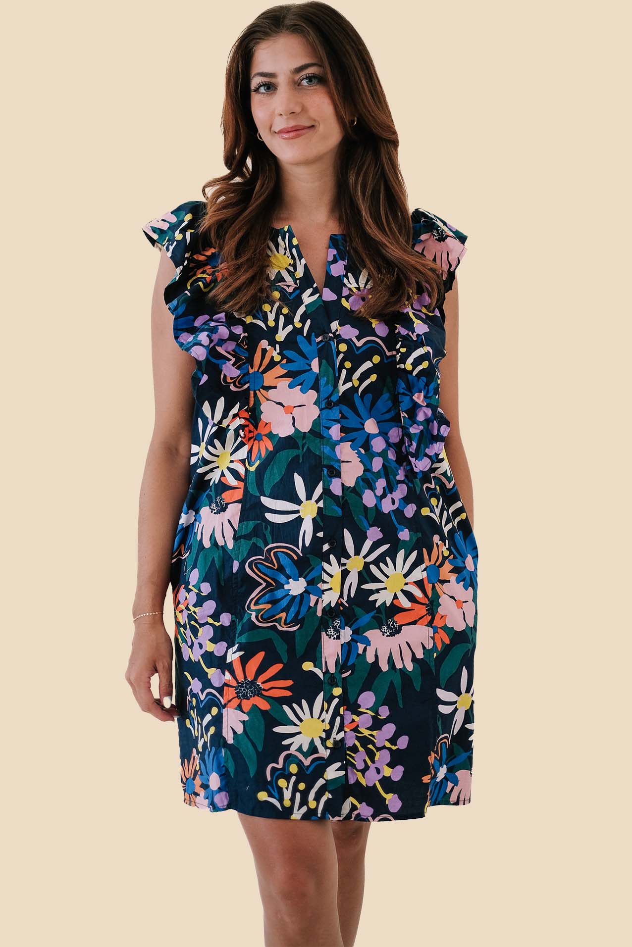 Faith Navy Floral Print Flutter Sleeve Mini Dress (S)