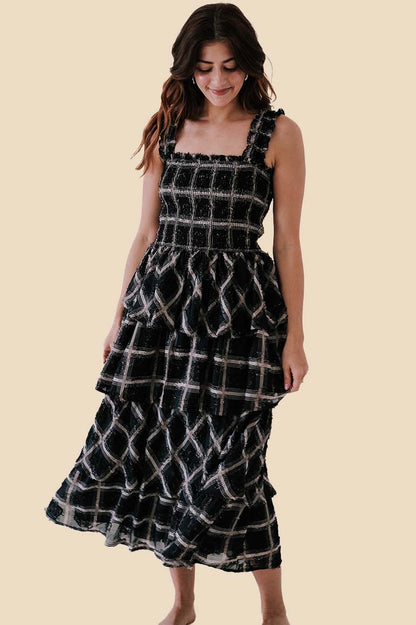 Aureum Stevie Grid Print Smocked Chiffon Midi Dress