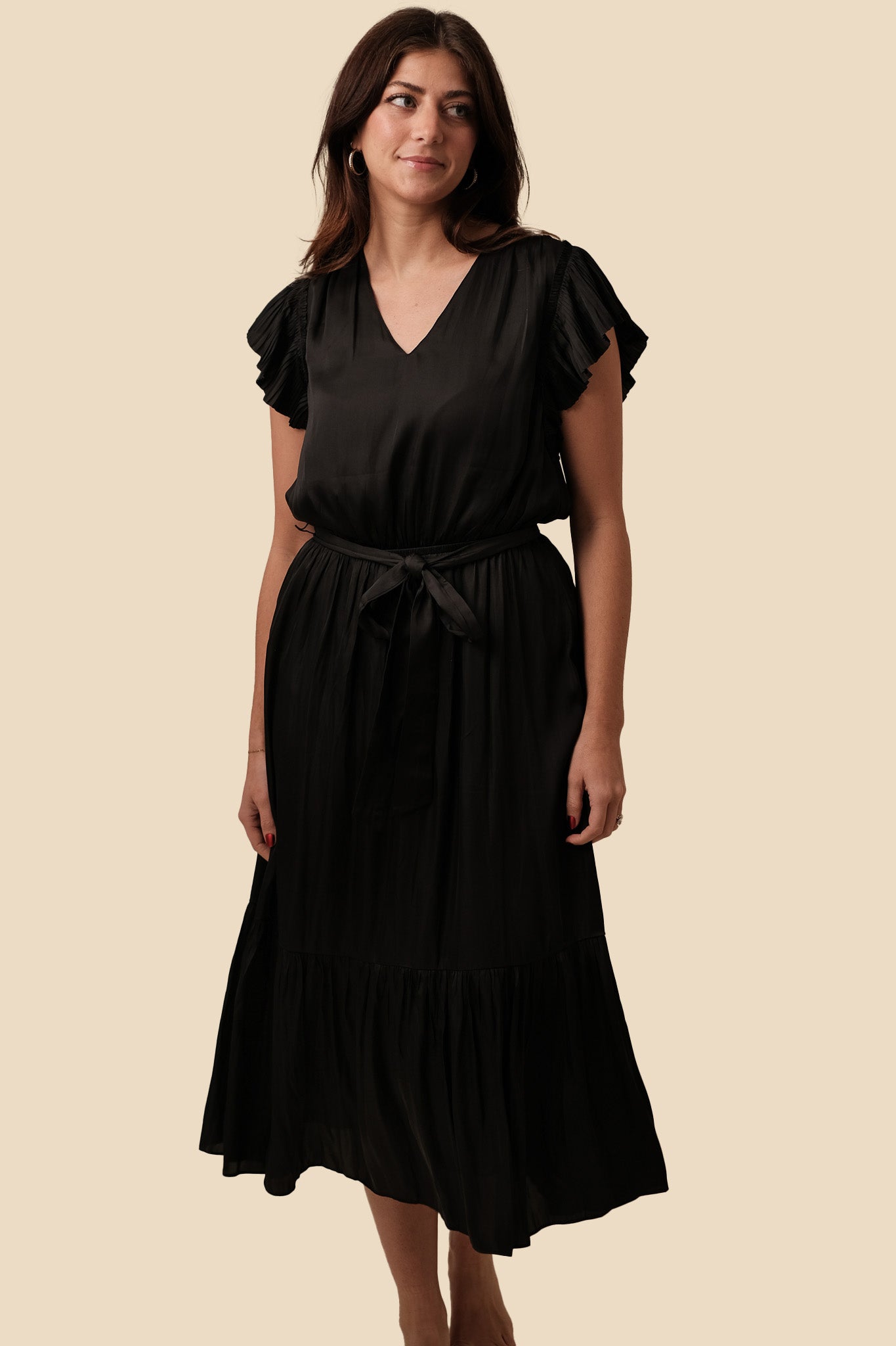 Current Air Darla Black Pleated Sleeve Midi Dress