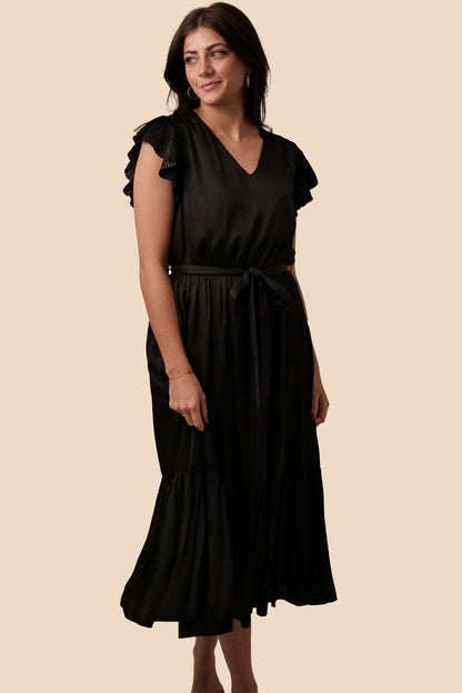 Current Air Darla Black Pleated Sleeve Midi Dress