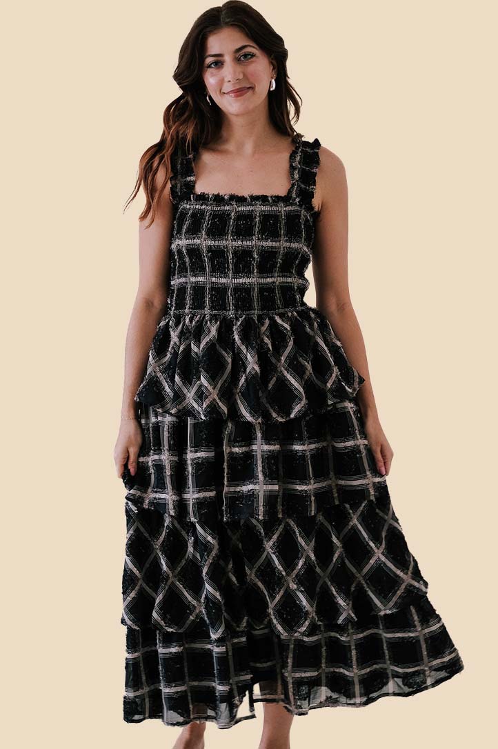 Aureum Stevie Grid Print Smocked Chiffon Midi Dress