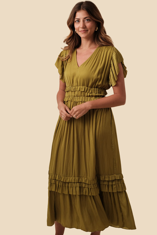 Kimberly Ruffled Satin V-Neck Midi Dress (Green)