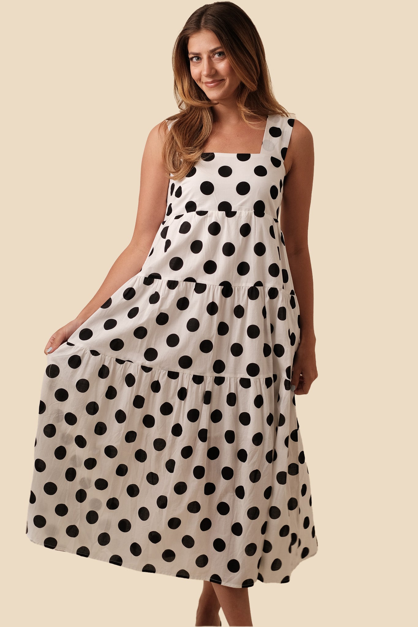 Aureum Maria Polka Dot Tiered Tank Midi Dress (XS)