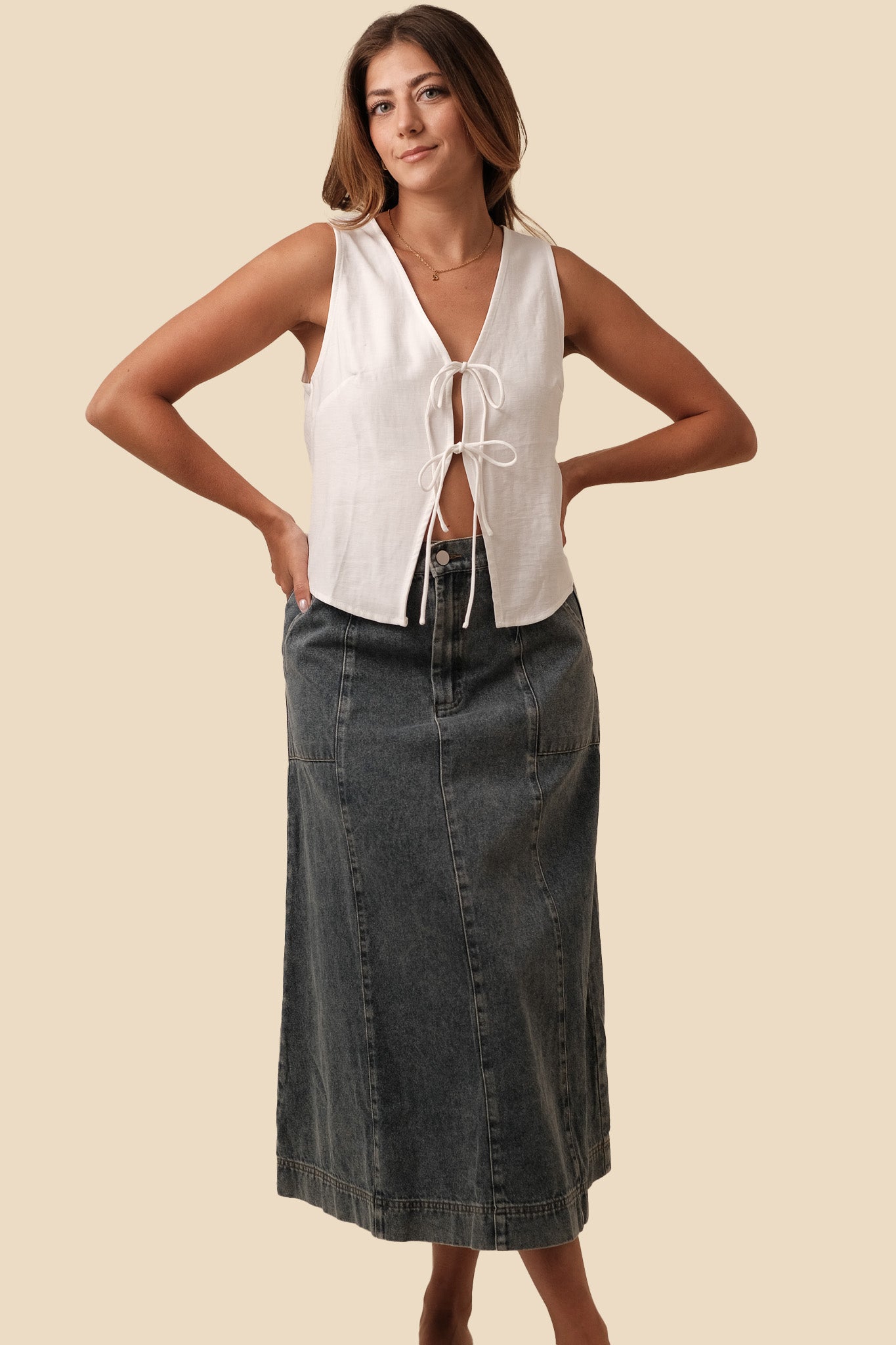 Sutton Medium Wash Denim Patch Pocket Midi Skirt (M)