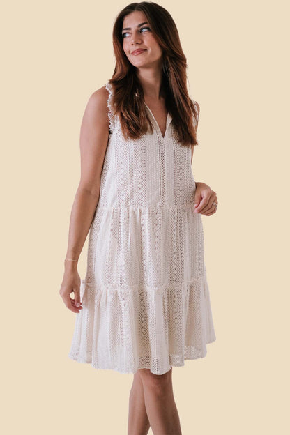Evelyn Sleeveless Lace Tiered Mini Dress (Cream)