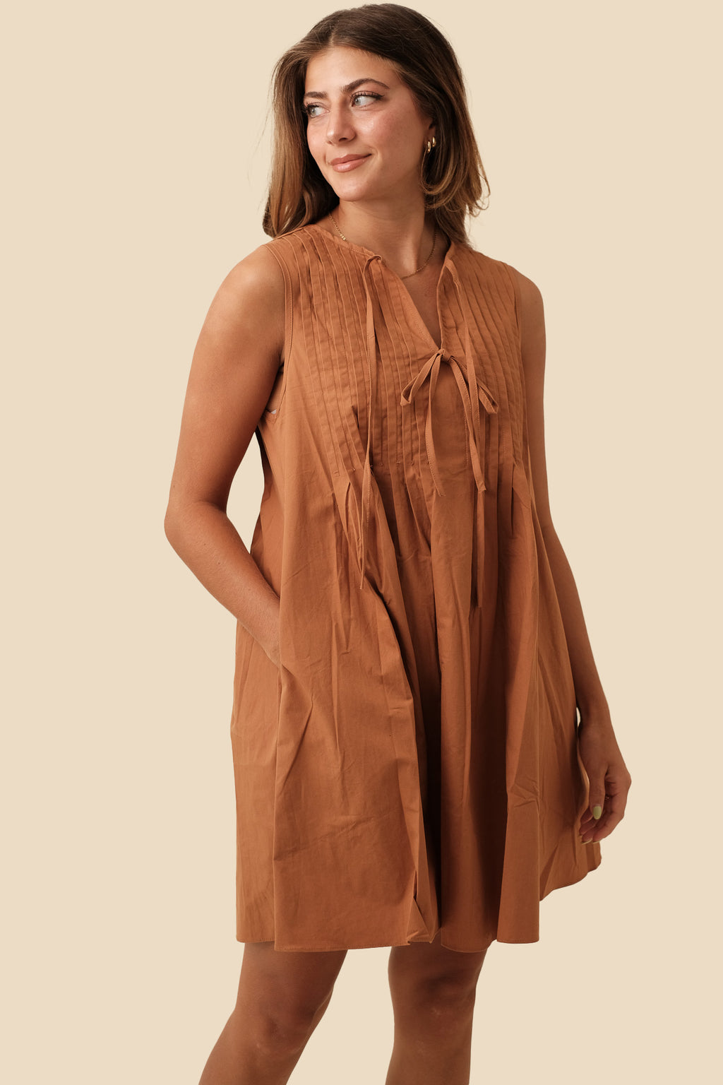 Charlotte Pintuck Poplin Cotton Mini Dress (Rust)