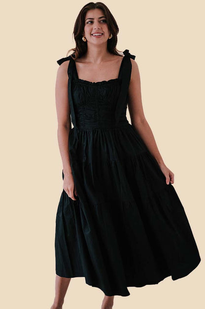 Sofie the Label Verity Black Smocked Tie Strap Cotton Midi Dress