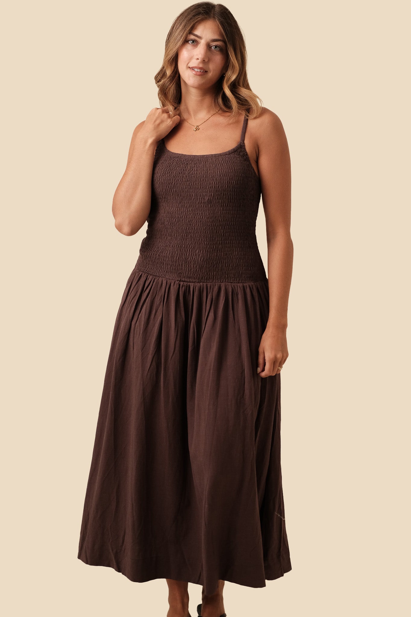 Marcella Chestnut Linen Smocked Midi Dress (M)