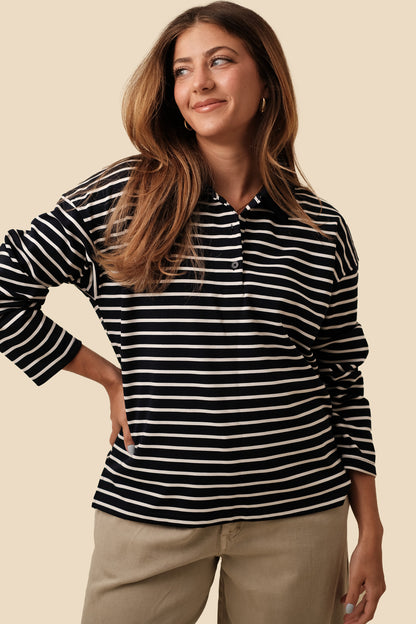 Gale Navy Stripe Collared Long Sleeve Polo Top