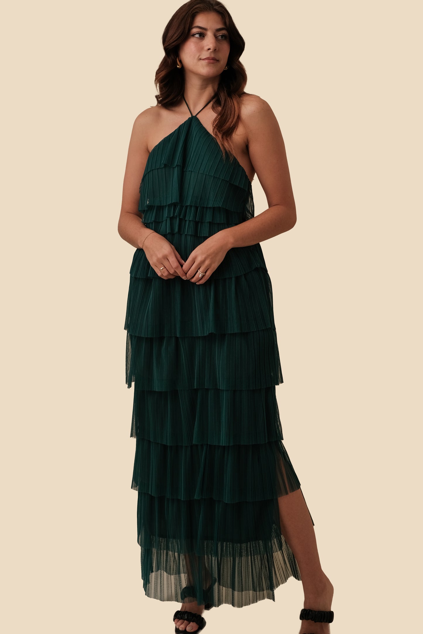 Bria Pleated Tulle Halter Maxi Dress (Green)