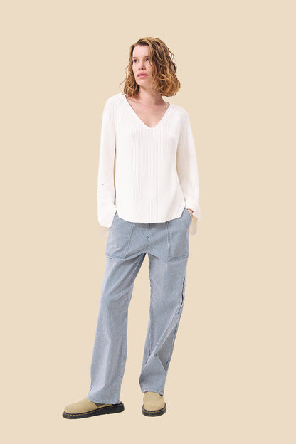 FRNCH Polette Blue Striped Straight Cotton Pants