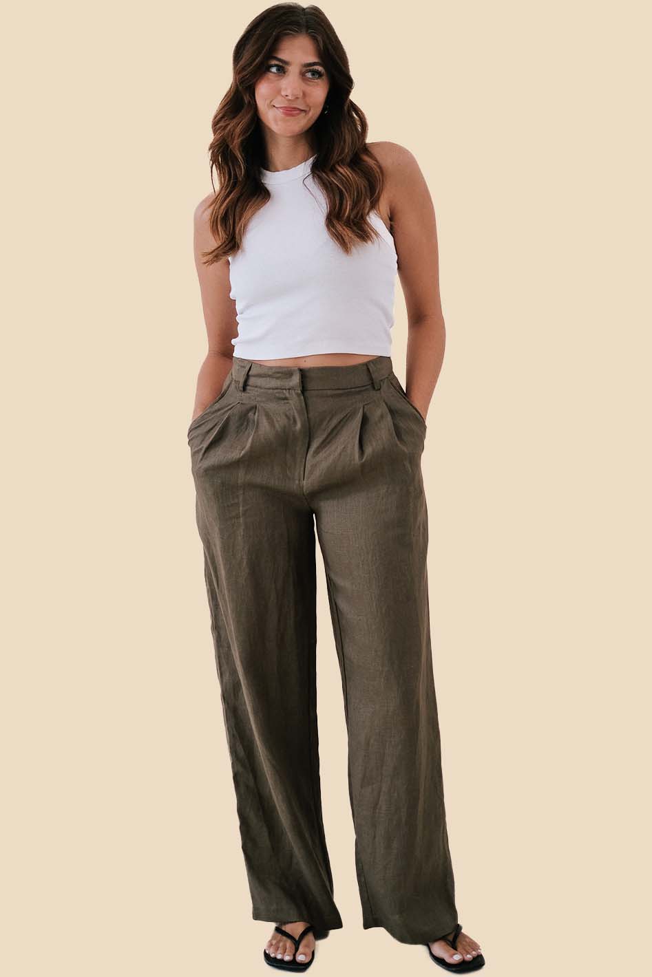 Lucy Paris Inara Olive Linen Pleated Wide Leg Pants