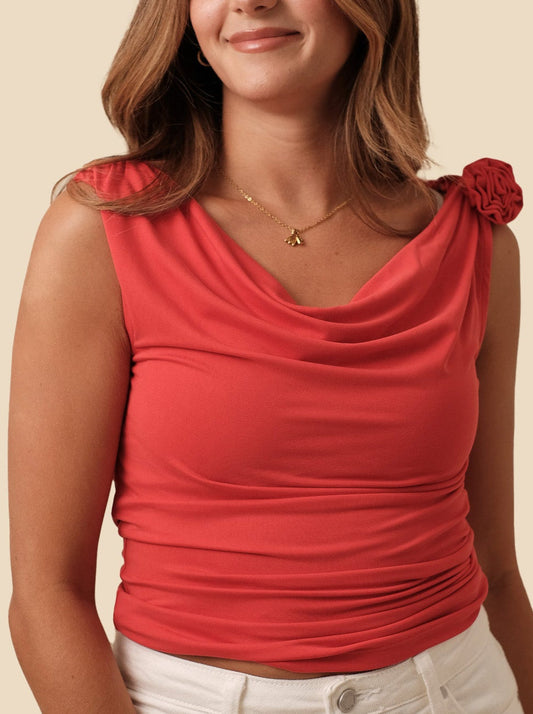 Kacey Red Cowl Neck Rose Top