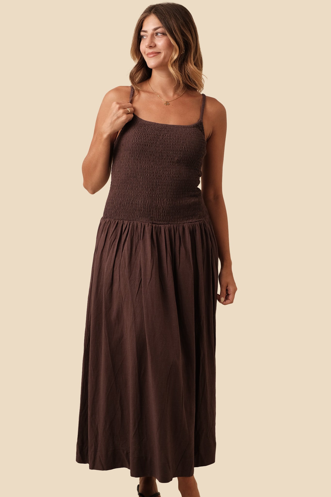 Marcella Chestnut Linen Smocked Midi Dress (M)