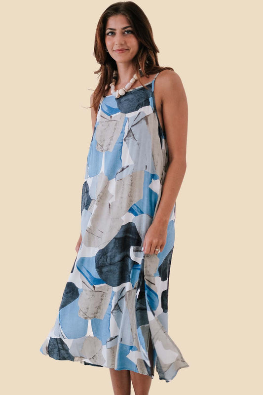 Fern Blue Watercolor Blend Sleeveless Midi Dress