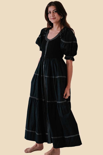 Sofie the Label Viola Black Contrast Stitch Tiered Midi Dress (Black)