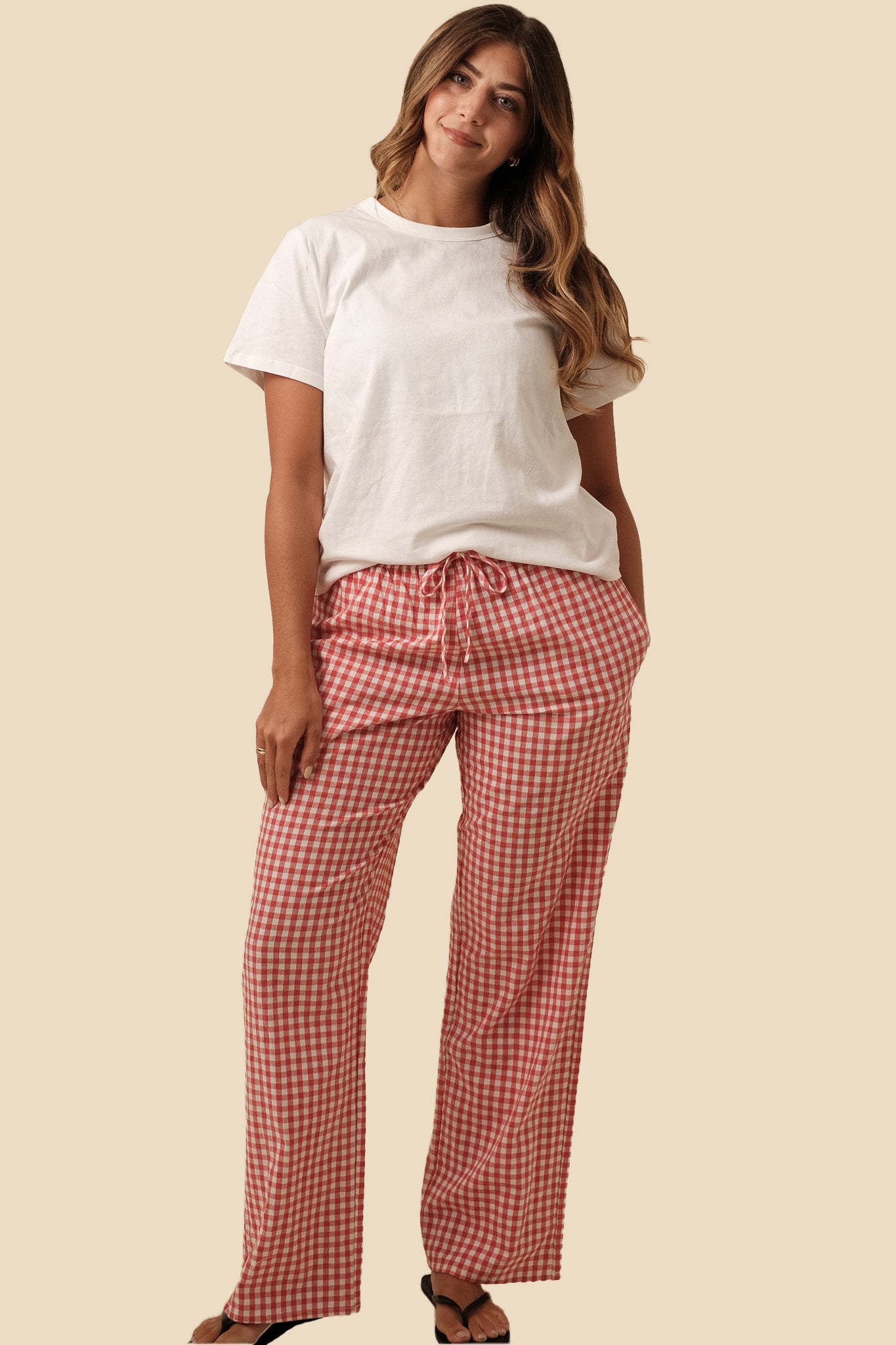 Things Between Winifred Gingham Cotton Relaxed Pants (Red) L