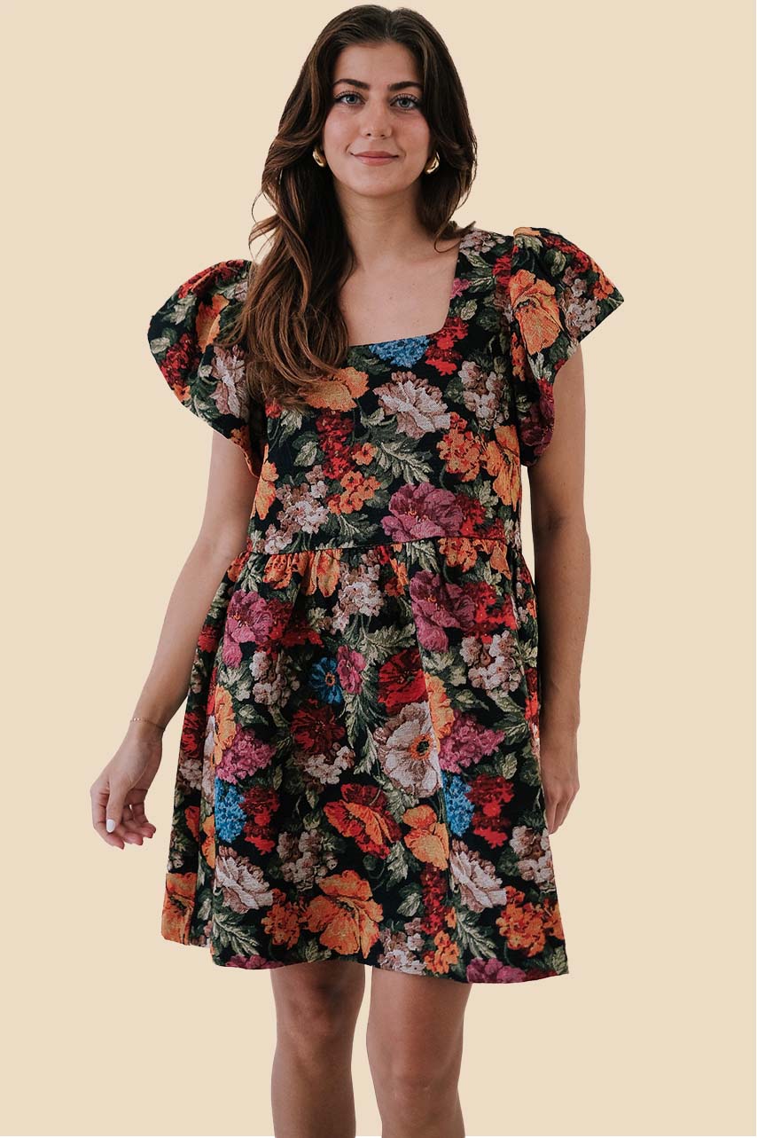 Lorelei Tapestry Floral Puff Sleeve Mini Dress (Black)