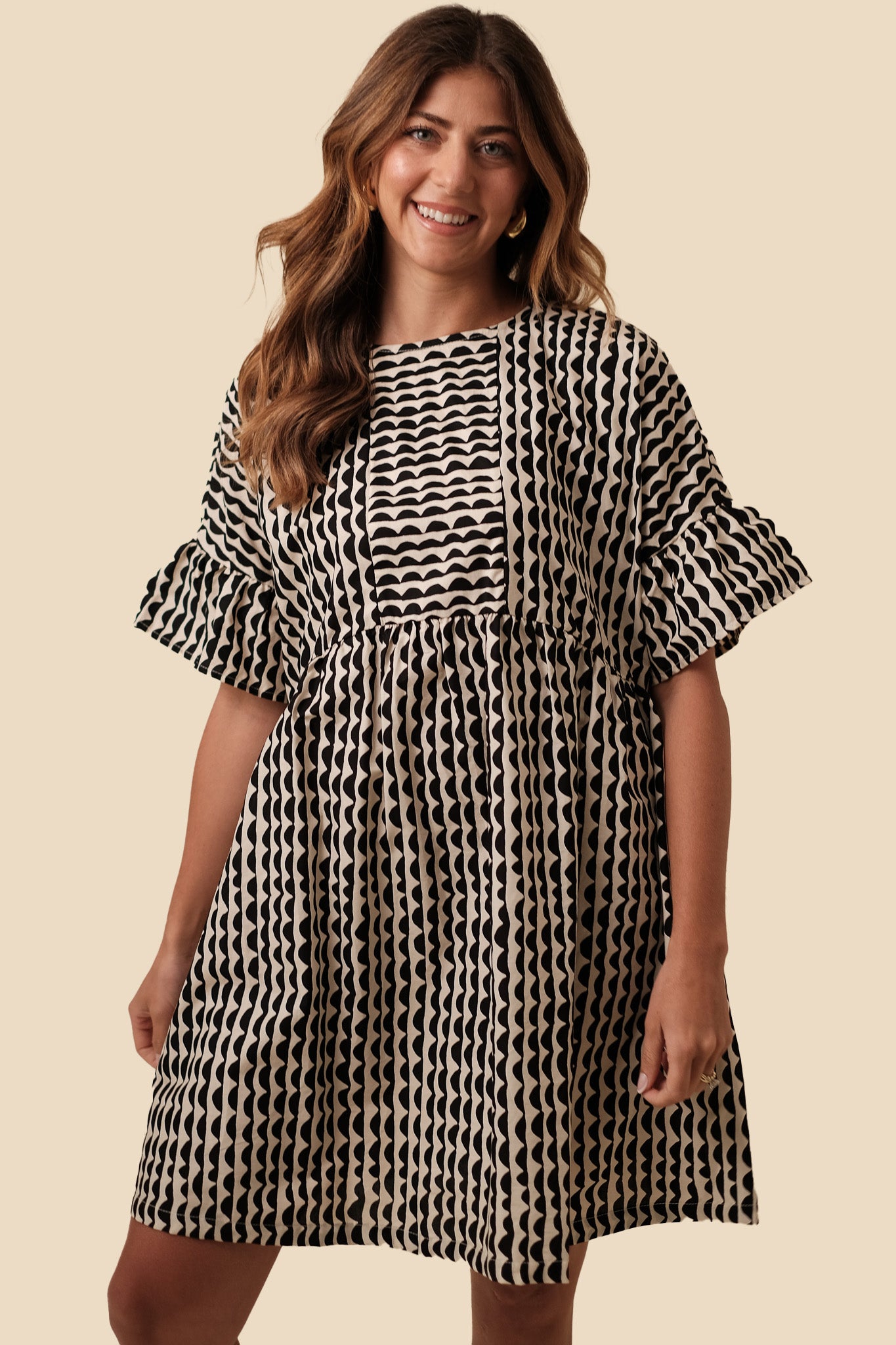 PINCH Kamila Geometric Print Babydoll Mini Dress (Black)