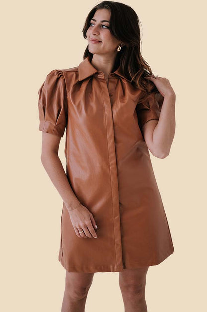 Aureum Tessa Vegan Leather Collared Mini Dress (Brown)