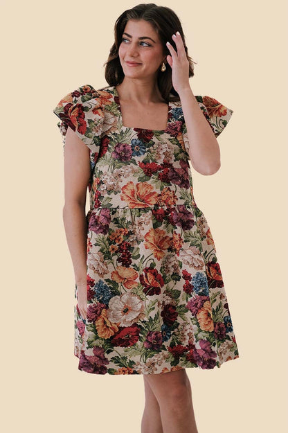 Lorelei Tapestry Floral Puff Sleeve Mini Dress (Taupe)
