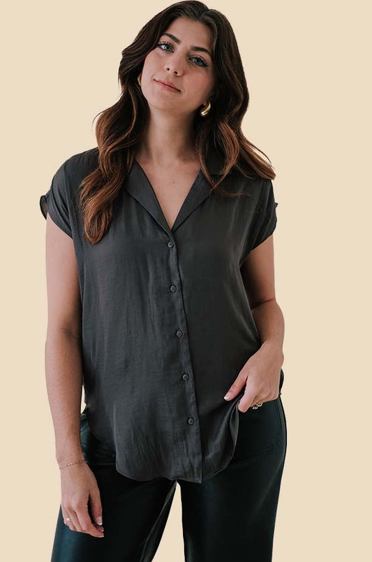 Miou Muse Tate Charcoal Satin Buttoned Top (L)
