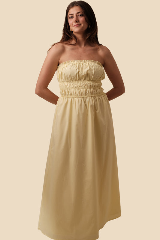 Needii Haven Lemon Strapless Shirred Midi Dress