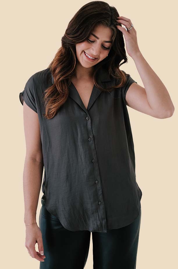 Miou Muse Tate Charcoal Satin Buttoned Top (L)