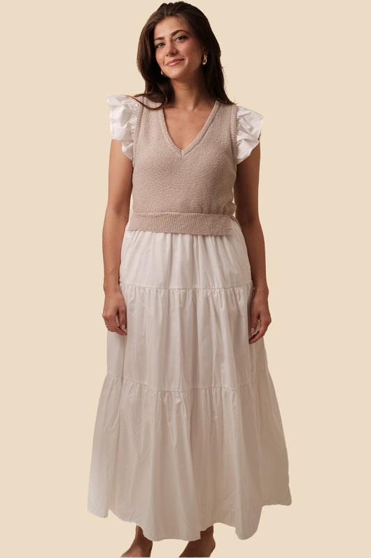 Sofie the Label Clover Flutter Sleeve Midi Dress (White) S