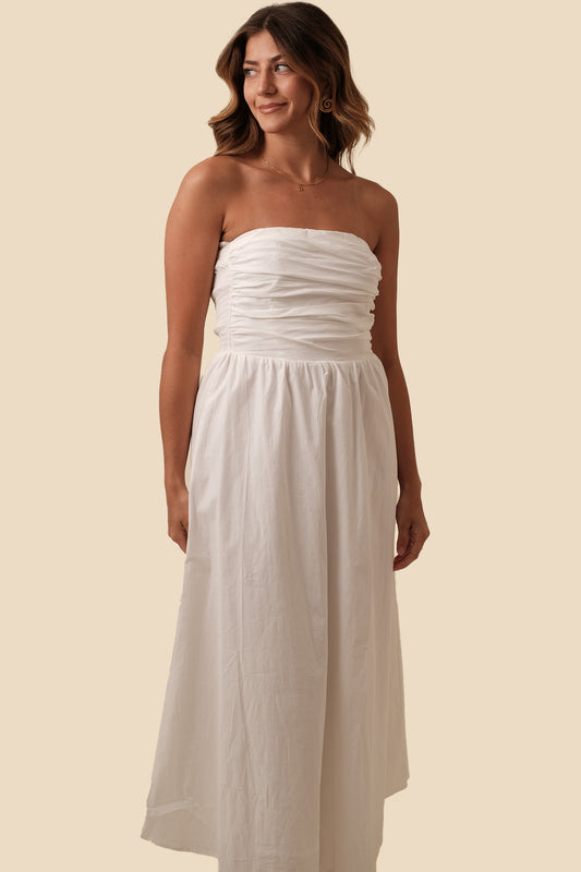Needii Ophelia Ruched Strapless Midi Dress (White)