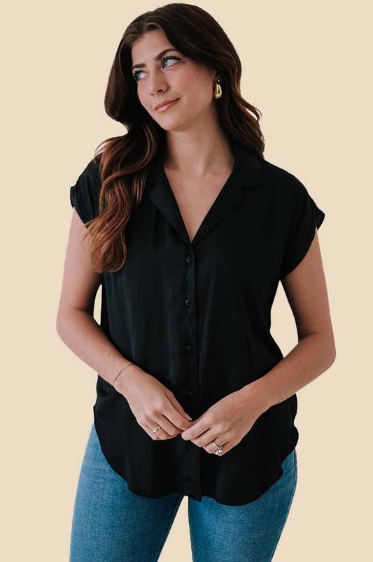 Miou Muse Tate Black Satin Buttoned Top (L)
