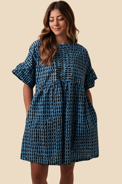 PINCH Kamila Geometric Print Babydoll Mini Dress (Blue)