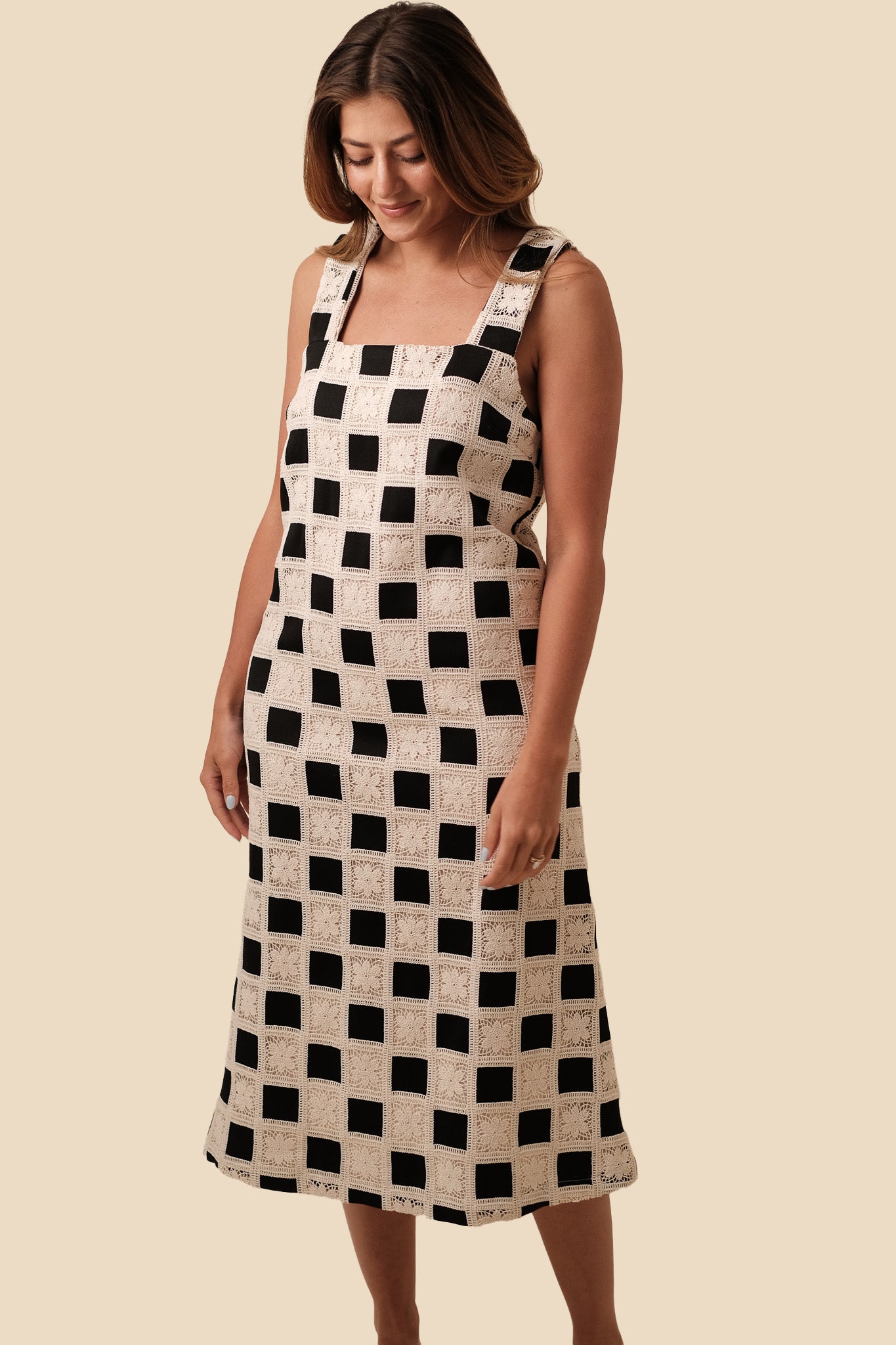 Aureum Mia Crochet Checkered Tank Midi Dress (Black)